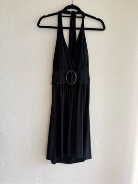 VINTAGE Y2K Star Vixen Black Halter Midi Dress with Oval Buckle